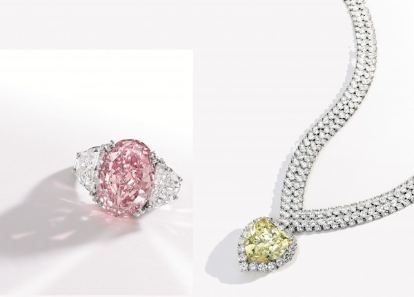 The ring centered by a 6.54 carat pink diamond sold for $8.6 million recently at Sothebys. In the same sale, the yellow diamond necklace with pendant brought $2.5 million. The ring centered by a 6.54 carat pink diamond sold for $8.6 million recently at Sothebys. In the same sale, the yellow diamond necklace with pendant brought $2.5 million.