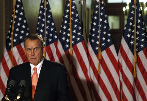 House Speaker John Boehner makes a brief statement to the media at the Capitol in Washington December 19, 2012. Frustrated by their inability to wring more "fiscal cliff" concessions out of President Barack Obama, Republicans in the U.S. House of Representatives announced Tuesday night that they expect to pass their own tax bill as a backup plan to avert the tax hikes and automatic budget cuts set to occur in January. House Speaker John Boehner makes a brief statement to the media at the Capitol in Washington December 19, 2012. Frustrated by their inability to wring more "fiscal cliff" concessions out of President Barack Obama, Republicans in the U.S. House of Representatives announced Tuesday night that they expect to pass their own tax bill as a backup plan to avert the tax hikes and automatic budget cuts set to occur in January.
