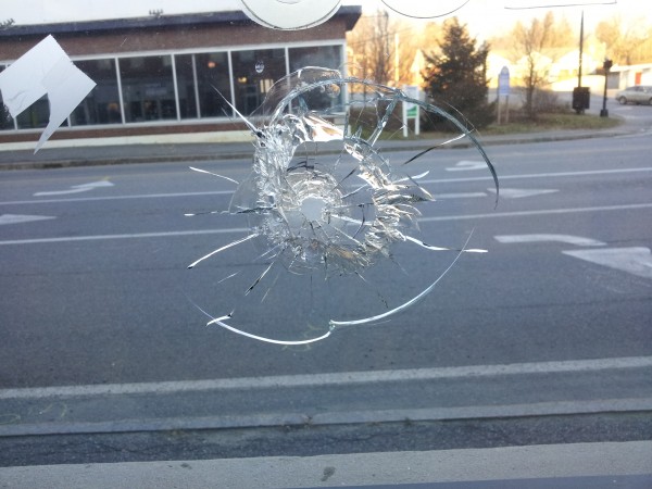 Bullet damage is seen at IBEW Local 1253 union hall building in Fairfield. Bullet damage is seen at IBEW Local 1253 union hall building in Fairfield.