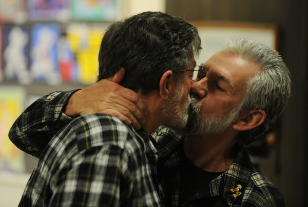 James Beckett and Ken Tidd share a kiss after getting married at Bangor City Hall on Saturday. Beckett and Tidd were the first couple to exchange vows in Bangor after voters approved gay marriage this past November. James Beckett and Ken Tidd share a kiss after getting married at Bangor City Hall on Saturday. Beckett and Tidd were the first couple to exchange vows in Bangor after voters approved gay marriage this past November.