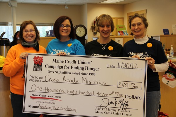 Photo courtesy of Changing Season Federal Credit Union
HAMPDEN, Maine -- Staff at Changing Seasons Federal Credit Union in Hampden welcome Brenda Davis (left), an advocate for ending hunger, at the last stop of her 2012 Maine CUs’ Ending Hunger Walking Tour. With Davis are (from left) credit union employees Tina Morrill, Karla St. Louise and Darla King, president-CEO. The tour is part of the larger Campaign for Ending Hunger. Photo courtesy of Changing Season Federal Credit Union
HAMPDEN, Maine -- Staff at Changing Seasons Federal Credit Union in Hampden welcome Brenda Davis (left), an advocate for ending hunger, at the last stop of her 2012 Maine CUs’ Ending Hunger Walking Tour. With Davis are (from left) credit union employees Tina Morrill, Karla St. Louise and Darla King, president-CEO. The tour is part of the larger Campaign for Ending Hunger.