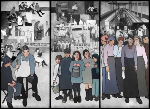 Panel 1, The Apprentice: Here, a Cobbler trains his young Apprentice. In the background, are scenes from that era. Panel 2, Lost Childhood: Child labor was common in Maine. They frequently performed dangerous tasks for long hours. Panel 3, The Textile Workers: Young women were often sent to the mills by their families, who could not, or would not support them. Panel 1, The Apprentice: Here, a Cobbler trains his young Apprentice. In the background, are scenes from that era. Panel 2, Lost Childhood: Child labor was common in Maine. They frequently performed dangerous tasks for long hours. Panel 3, The Textile Workers: Young women were often sent to the mills by their families, who could not, or would not support them.