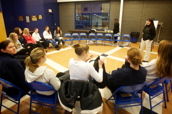 Amy Bowen of Mentors in Violence Prevention, herself a former three-sport college athlete, leads an open talk with the University of Southern Maine women's basketball team in Gorham on Wednesday, Jan. 9, 2013. Amy Bowen of Mentors in Violence Prevention, herself a former three-sport college athlete, leads an open talk with the University of Southern Maine women's basketball team in Gorham on Wednesday, Jan. 9, 2013.