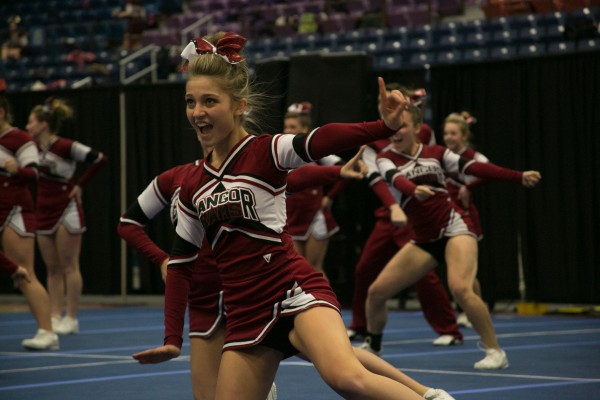 The Class A runners-up Bangor High School cheerleading team performs during the Kennebec Valley Athletic Conference cheerleading championships on Monday, Jan. 21, 2013. The Class A runners-up Bangor High School cheerleading team performs during the Kennebec Valley Athletic Conference cheerleading championships on Monday, Jan. 21, 2013.