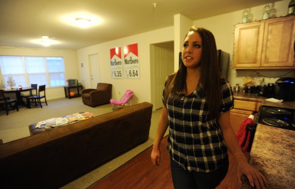 Lindsey Lavoie stands in her apartment at The Grove apartment complex in Orono on Tuesday, Jan. 29, 2013. Lavoie shares the apartment with two others and has had mold issues when she first moved in this past fall. Lindsey Lavoie stands in her apartment at The Grove apartment complex in Orono on Tuesday, Jan. 29, 2013. Lavoie shares the apartment with two others and has had mold issues when she first moved in this past fall.