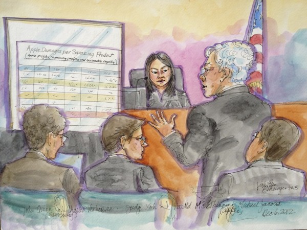 Apple lead counsel Harold McElhinney speaks in front of U.S. District Judge Lucy Koh, as Samsung attorneys John Quinn (L), Charles Verhoeven and Apple attorney Michael Jacobs (R) look on during court proceedings in San Jose, Calif., in this file court sketch from December 6, 2012. While the two companies compete fiercely in the high-end smartphone business - where together they control half the sales and virtually all of the profits - their strengths and weaknesses are in many ways complementary. Apple lead counsel Harold McElhinney speaks in front of U.S. District Judge Lucy Koh, as Samsung attorneys John Quinn (L), Charles Verhoeven and Apple attorney Michael Jacobs (R) look on during court proceedings in San Jose, Calif., in this file court sketch from December 6, 2012. While the two companies compete fiercely in the high-end smartphone business - where together they control half the sales and virtually all of the profits - their strengths and weaknesses are in many ways complementary.