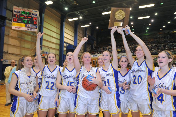 Washburn's team celebrates their Eastern Maine Championship win over Schenck in Bangor on Saturday morning, Feb. 23, 2013. Washburn won the game 71-39. Washburn's team celebrates their Eastern Maine Championship win over Schenck in Bangor on Saturday morning, Feb. 23, 2013. Washburn won the game 71-39.