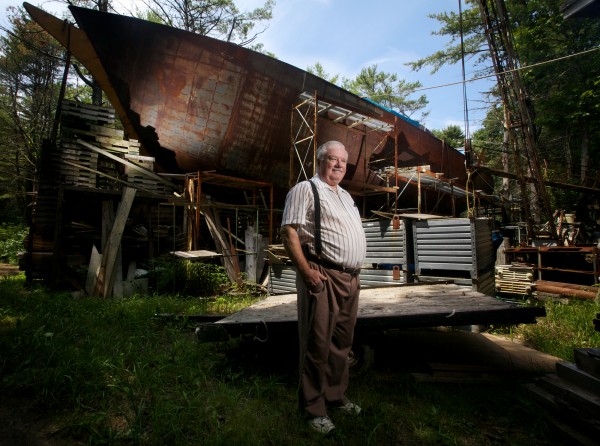 Harold Arndt stands in front of his 113-foot-long, unfinished, steel schooner made completely out of reclaimed materials in a residential Freeport neighborhood in July 2012. Arndt has been working on the boat for almost 20 years. Harold Arndt stands in front of his 113-foot-long, unfinished, steel schooner made completely out of reclaimed materials in a residential Freeport neighborhood in July 2012. Arndt has been working on the boat for almost 20 years.