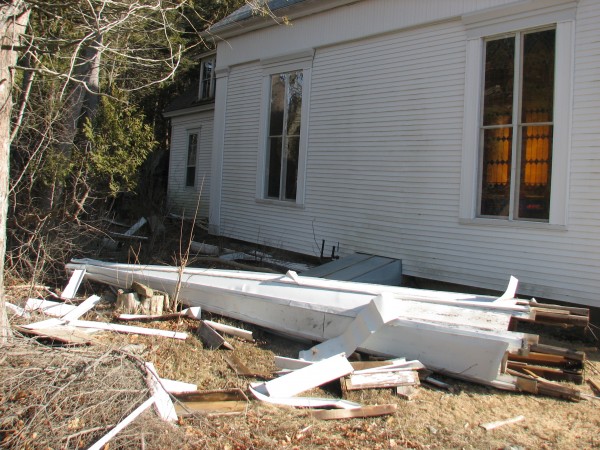 The steeple of the United Methodist Church in Franklin lays next to the building Saturday, Feb. 2, 2013. The steeple blew off during Thursday's windstorm, which brought gusts of more than 50 mph to coastal Hancock County. The steeple of the United Methodist Church in Franklin lays next to the building Saturday, Feb. 2, 2013. The steeple blew off during Thursday's windstorm, which brought gusts of more than 50 mph to coastal Hancock County.