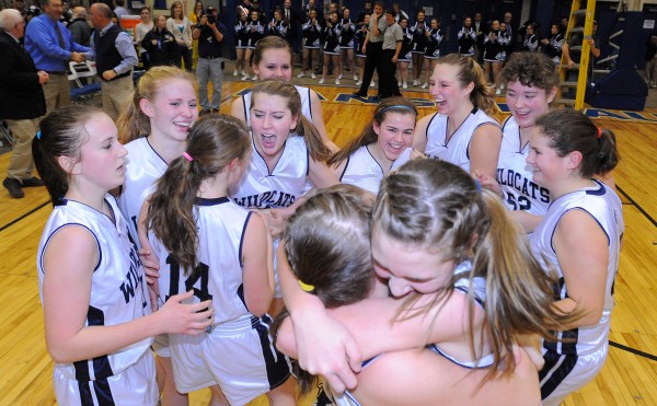 Presque Isle players celebrate their victory over Nokomis in the Eastern Maine Class B championship game in Bangor on Saturday, Feb, 23, 2013. Presque Isle players celebrate their victory over Nokomis in the Eastern Maine Class B championship game in Bangor on Saturday, Feb, 23, 2013.