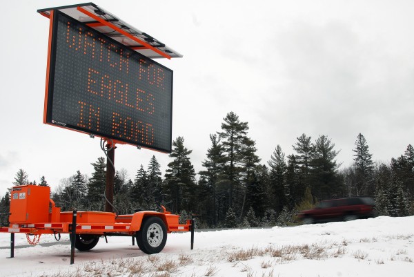 In an attempt to keep motorists from hitting eagles, state officials have set up a variable message sign newly set near mile 242 on Interstate 95 in Medway, seen here on Sunday, Feb. 24, 2013. In an attempt to keep motorists from hitting eagles, state officials have set up a variable message sign newly set near mile 242 on Interstate 95 in Medway, seen here on Sunday, Feb. 24, 2013.