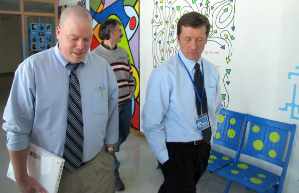 Maine Department of Education Commissioner Stephen Bowen (right) takes a tour of Deer Isle-Stonington High School on Monday, Feb. 25, 2013, with Principal Todd West (left) and state Rep. Walter Kumiega, D-Deer Isle (background). Maine Department of Education Commissioner Stephen Bowen (right) takes a tour of Deer Isle-Stonington High School on Monday, Feb. 25, 2013, with Principal Todd West (left) and state Rep. Walter Kumiega, D-Deer Isle (background).