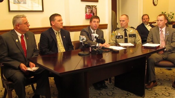 GOP legislators called an emergency press conference Thursday afternoon, Feb. 14, 2013 to criticize the Bangor Daily News for requesting data related to concealed weapons permits holders in Maine. From left are Sen. Gary Plummer, R-Windham; Senate Minority Leader Micheal Thibodeau, R-Winterport; House Minority Leader Kenneth Fredette, R-Newport; Kennebec County Sheriff Randall Liberty; Maine GOP Chairman Rich Cebra; and Rep. Corey Wilson, R-Augusta. GOP legislators called an emergency press conference Thursday afternoon, Feb. 14, 2013 to criticize the Bangor Daily News for requesting data related to concealed weapons permits holders in Maine. From left are Sen. Gary Plummer, R-Windham; Senate Minority Leader Micheal Thibodeau, R-Winterport; House Minority Leader Kenneth Fredette, R-Newport; Kennebec County Sheriff Randall Liberty; Maine GOP Chairman Rich Cebra; and Rep. Corey Wilson, R-Augusta.