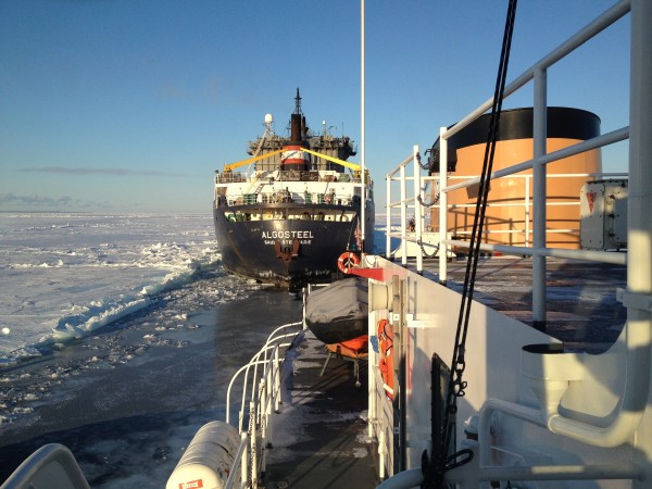 The Rockland-based Coast Guard Cutter Thunder Bay on Monday, Feb. 4, completed a 16-hour operation to free the 731-foot cargo ship Algosteel from 10 inches of plate ice in the Straits of Mackinac in Lake Michigan. The Rockland-based Coast Guard Cutter Thunder Bay on Monday, Feb. 4, completed a 16-hour operation to free the 731-foot cargo ship Algosteel from 10 inches of plate ice in the Straits of Mackinac in Lake Michigan.
