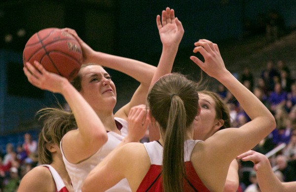 Bangor’s Cordelia Stewart (left) pushes up a shot over two Cony defenders at the Augusta Civic Center on Friday. Stewart has been named the BDN all-tourney MVP for Class A. Bangor’s Cordelia Stewart (left) pushes up a shot over two Cony defenders at the Augusta Civic Center on Friday. Stewart has been named the BDN all-tourney MVP for Class A.