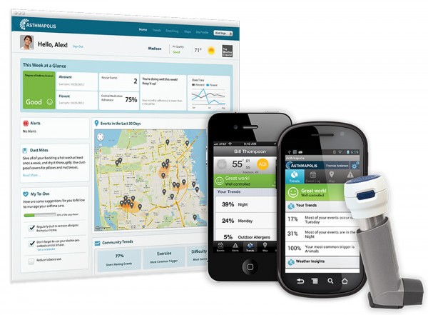The Asthmapolis system uses a Bluetooth link to transmit data that can be displayed to show where and when a patient used an inhaler. The Asthmapolis system uses a Bluetooth link to transmit data that can be displayed to show where and when a patient used an inhaler.