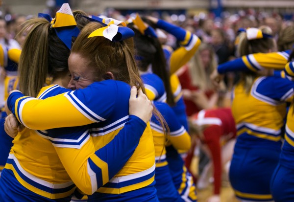 Members of the Hermon cheerleading team celebrate after winning the Class B state championship on Monday, February 11, 2013. Members of the Hermon cheerleading team celebrate after winning the Class B state championship on Monday, February 11, 2013.