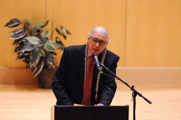 Attorney, activist and author Walter Echo-Hawk address a group gathered at the Minsky Recital Hall on the University of Maine campus on Thursday. Attorney, activist and author Walter Echo-Hawk address a group gathered at the Minsky Recital Hall on the University of Maine campus on Thursday.