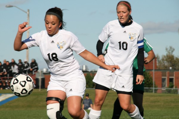 Audra Kirk (left) and Lainey Herring of the University of Maine-Presque Isle women's soccer team chase down the ball during a game last fall. Next season, the Owls will compete for a spot in the NCAA Division III Championship as a member of the Great South Athletic Conference, which is based in Georgia. Audra Kirk (left) and Lainey Herring of the University of Maine-Presque Isle women's soccer team chase down the ball during a game last fall. Next season, the Owls will compete for a spot in the NCAA Division III Championship as a member of the Great South Athletic Conference, which is based in Georgia.