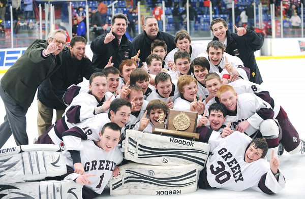 Greely's boys' hockey team poses for a championship photo after winning the Class B state title in a 3-0 match with Messalonskee at the Androscoggin Bank Colisee in Lewiston. Greely's boys' hockey team poses for a championship photo after winning the Class B state title in a 3-0 match with Messalonskee at the Androscoggin Bank Colisee in Lewiston.