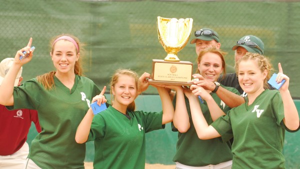 Resse Leonard (10), Kirstin Batchelder (1), Eliza Pelletier (24) and Kayla Dube (12) of Penobscot Valley High School hold the trophy after defeating Richmond High School for the Class D State Championship at Coffin Field in Brewer on June 16, 2012. Resse Leonard (10), Kirstin Batchelder (1), Eliza Pelletier (24) and Kayla Dube (12) of Penobscot Valley High School hold the trophy after defeating Richmond High School for the Class D State Championship at Coffin Field in Brewer on June 16, 2012.