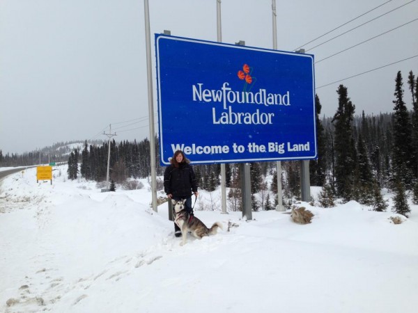 Karen Miles of Belfast posed outside of a road sign on her way north to Goose Bay, Labrador. From there, she and two others left Tuesday morning for a journey by dogsled hundreds of miles north to Nain, Labrador. Karen Miles of Belfast posed outside of a road sign on her way north to Goose Bay, Labrador. From there, she and two others left Tuesday morning for a journey by dogsled hundreds of miles north to Nain, Labrador.