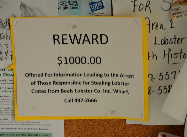 Beals Lobster Inc. of Jonesport is offering a $1,000 reward for information that results in the arrest of anyone involved in the theft of as many as 100 empty lobster crates from its wharf over the weekend. Beals Lobster Inc. of Jonesport is offering a $1,000 reward for information that results in the arrest of anyone involved in the theft of as many as 100 empty lobster crates from its wharf over the weekend.