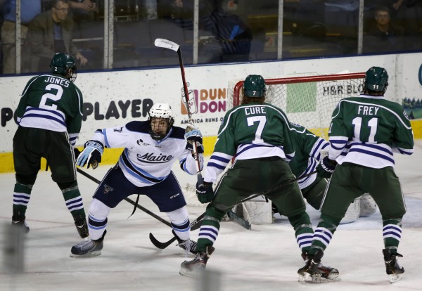 Maine's Ryan Lomberg celebrates his game-winning goal against Mercyhurst at the Cumberland County Civic Center on Friday, Jan 4, 2013, in Portland. The Black Bears won 2-1. Maine's Ryan Lomberg celebrates his game-winning goal against Mercyhurst at the Cumberland County Civic Center on Friday, Jan 4, 2013, in Portland. The Black Bears won 2-1.