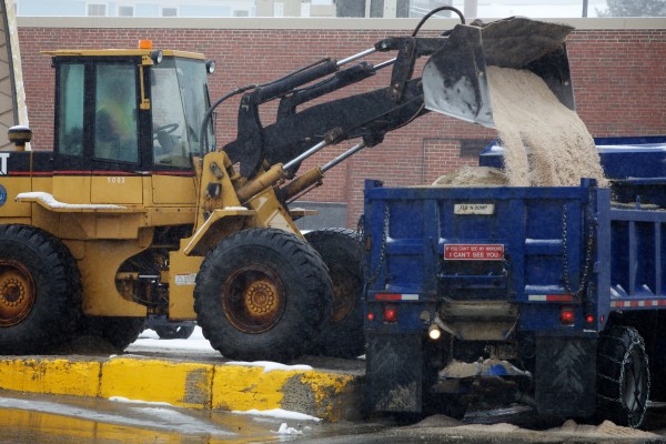 A Portland city plow truck is loaded with salt Tuesday on Portland Street. Some municipalities use salt containing cyanide, used as an anti-clumping agent. Portland does not. A Portland city plow truck is loaded with salt Tuesday on Portland Street. Some municipalities use salt containing cyanide, used as an anti-clumping agent. Portland does not.