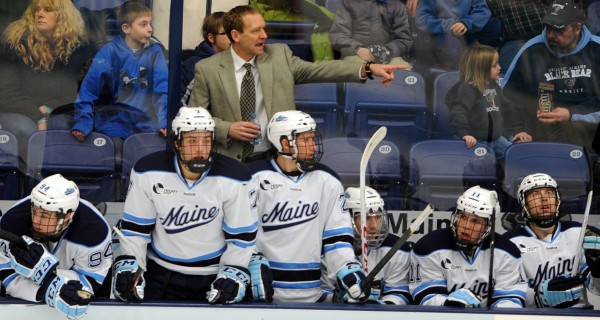 University of Maine's head coach Tim Whitehead shouts to a player during the first period against Merrimack College at Alfond Arena Friday, Jan. 18, 2013. University of Maine's head coach Tim Whitehead shouts to a player during the first period against Merrimack College at Alfond Arena Friday, Jan. 18, 2013.
