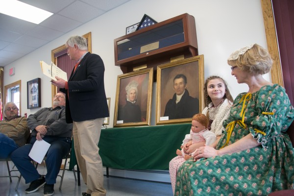 State representative Dick Campbell (center) announces the events to take place for Old Home Week in Orrington. The celebrations will mark the 225th anniversary of the town of Orrington. Orrington residents Judith Frost Gillis (far right) and Isabella Gillis dressed as historic Orrington residents Azubah Ryder and her daughter Caroline. State representative Dick Campbell (center) announces the events to take place for Old Home Week in Orrington. The celebrations will mark the 225th anniversary of the town of Orrington. Orrington residents Judith Frost Gillis (far right) and Isabella Gillis dressed as historic Orrington residents Azubah Ryder and her daughter Caroline.