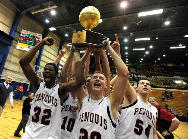Isaiah Bess, Trevor Lyford and Justin Larry, along with the rest of the Penquis Valley Patriots, carry their gold ball for fans after their 61-54 victory over Boothbay Regional High School to take the Class C boys state championship at the Bangor Auditorium Saturday night. Isaiah Bess, Trevor Lyford and Justin Larry, along with the rest of the Penquis Valley Patriots, carry their gold ball for fans after their 61-54 victory over Boothbay Regional High School to take the Class C boys state championship at the Bangor Auditorium Saturday night.