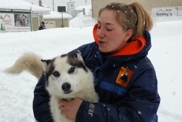 Can-Am Crown International Crown 250-mile sled dog racer Kasey McCarty of Lexington spends a few moments with one of her dogs before harnessing her team and taking off down Fort Kent's Main Street at the race start Saturday morning. Can-Am Crown International Crown 250-mile sled dog racer Kasey McCarty of Lexington spends a few moments with one of her dogs before harnessing her team and taking off down Fort Kent's Main Street at the race start Saturday morning.