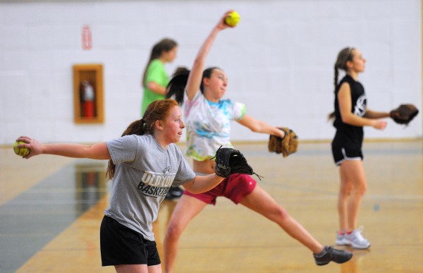 Softball pitchers participate during the first practice and tryout of the spring season at the Old Town High School Monday. Coach Jenn Plourde was holding the first session for players who would like to be pitchers and catchers on the team. Participating in the tryout are (from left) Caitlyn King, Kendra Hayward and Rachel Martin. Softball pitchers participate during the first practice and tryout of the spring season at the Old Town High School Monday. Coach Jenn Plourde was holding the first session for players who would like to be pitchers and catchers on the team. Participating in the tryout are (from left) Caitlyn King, Kendra Hayward and Rachel Martin.