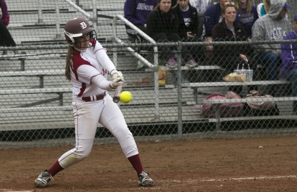 Bangor's Emily Reilly makes contact with a pitch against Brewer onon Wednesday, April 24, 2013. Bangor's Emily Reilly makes contact with a pitch against Brewer onon Wednesday, April 24, 2013.