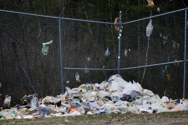 A corner fence at the Bath municipal landfill collects windblown plastic bags. The bags are hard to keep buried at the landfill and also hard to recycle. A corner fence at the Bath municipal landfill collects windblown plastic bags. The bags are hard to keep buried at the landfill and also hard to recycle.