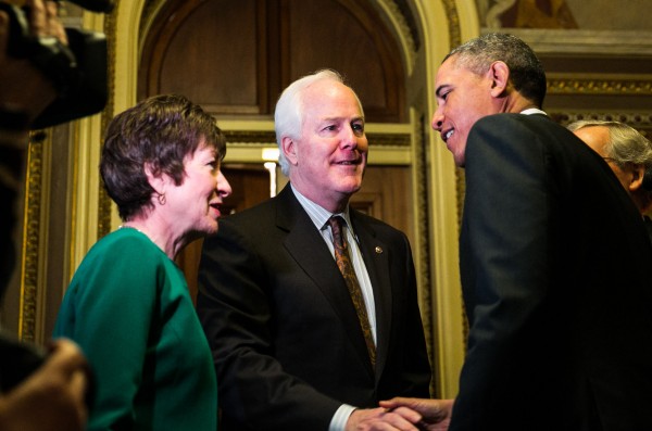 Maine Sen. Susan Collins, left, and Texas Sen. John Cornyn meet with President Barack Obama at the U.S. Capitol on March 14, 2013. Maine Sen. Susan Collins, left, and Texas Sen. John Cornyn meet with President Barack Obama at the U.S. Capitol on March 14, 2013.
