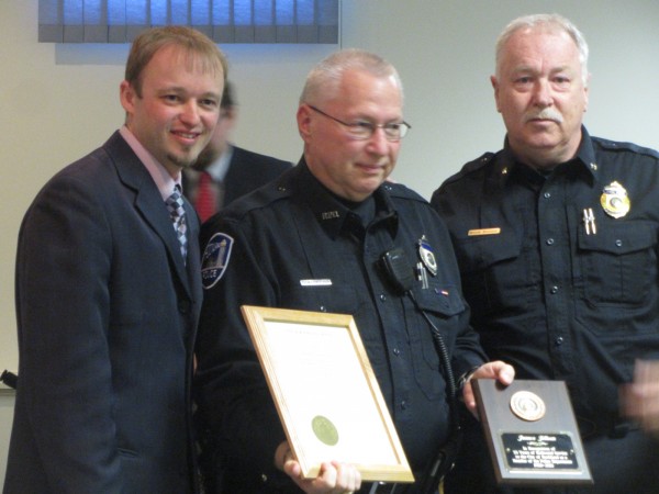 Rockland Patrol Officer James Jillson (center) was honored Monday night by the Rockland City Council upon his retirement after 33 years of service. Pictured with Jillson are Mayor William Clayton (left) and Police Chief Bruce Boucher. Rockland Patrol Officer James Jillson (center) was honored Monday night by the Rockland City Council upon his retirement after 33 years of service. Pictured with Jillson are Mayor William Clayton (left) and Police Chief Bruce Boucher.