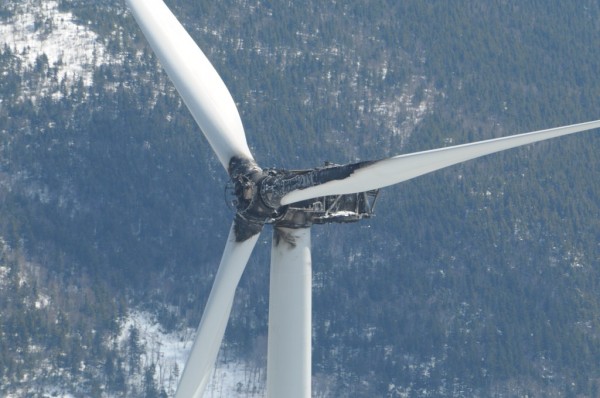 A fire on Jan. 16, 2013, destroyed this turbine at TransCanada's Kibby Mountain wind farm in northern Franklin County. A fire on Jan. 16, 2013, destroyed this turbine at TransCanada's Kibby Mountain wind farm in northern Franklin County.