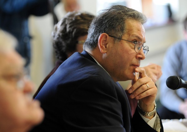 Penobscot County Commissioner Peter Baldacci listens to Peter Vigue, chairman and CEO of Cianbro Corp., speak about the east-west corridor at a meeting that was open to the public on Tuesday. The meeting was held at the historic Penobscot County Courthouse. Penobscot County Commissioner Peter Baldacci listens to Peter Vigue, chairman and CEO of Cianbro Corp., speak about the east-west corridor at a meeting that was open to the public on Tuesday. The meeting was held at the historic Penobscot County Courthouse.