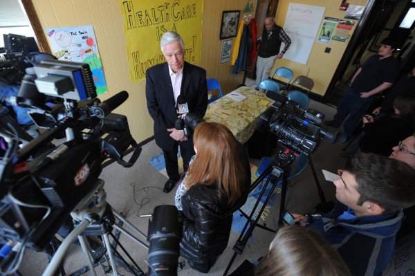 Congressman Mike Michaud speaks to the media after listening to a group of Mainers without health insurance at the offices of the Maine People's Alliance in Bangor on Monday. Congressman Mike Michaud speaks to the media after listening to a group of Mainers without health insurance at the offices of the Maine People's Alliance in Bangor on Monday.
