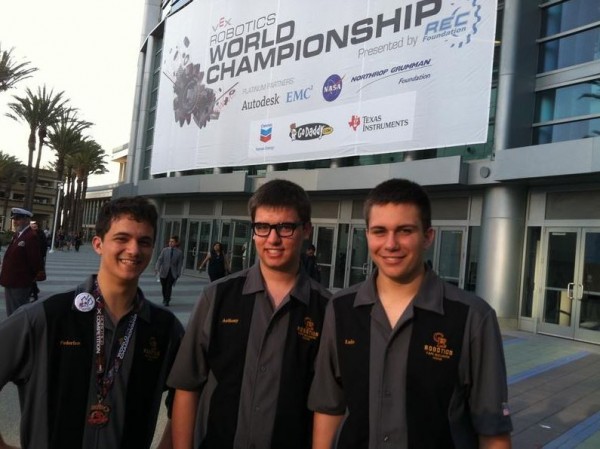 The Cape Elizabeth High School robotics team, Federico Giovine, Anthony Castro and Luke Dvorozniak, outside the Anaheim, Calif., Convention Center for the VEX Robotics World Championship last week. The Cape Elizabeth High School robotics team, Federico Giovine, Anthony Castro and Luke Dvorozniak, outside the Anaheim, Calif., Convention Center for the VEX Robotics World Championship last week.