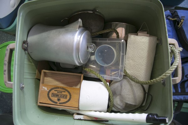 A box containing cookware and toiletries taken from Christpher Knights campsite in Rome near North Pond. A box containing cookware and toiletries taken from Christpher Knights campsite in Rome near North Pond.