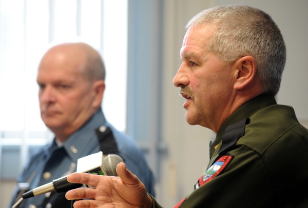 Sgt. Ron Dunham (right) of the Maine Warden Service and Lt. Wesley Hussey of the Maine State Police discuss the dangers of Chicken Fest during a press conference on Thursday at the Orono Police Department. Sgt. Ron Dunham (right) of the Maine Warden Service and Lt. Wesley Hussey of the Maine State Police discuss the dangers of Chicken Fest during a press conference on Thursday at the Orono Police Department.