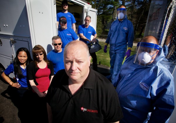 William York (center) and his team at BioSpecialists LLC in Gorham are experts at tragedy and crime scene cleanup. William York (center) and his team at BioSpecialists LLC in Gorham are experts at tragedy and crime scene cleanup.