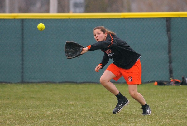 Brewer High School softball player Emily Gilmore during practice in Brewer. Brewer High School softball player Emily Gilmore during practice in Brewer.