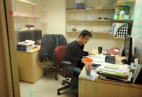 Dahan Kim, a graduate research assistant in the physics department at the University of Maine, works in his office in Clarence E. Bennett Hall on Thursday. Dahan Kim, a graduate research assistant in the physics department at the University of Maine, works in his office in Clarence E. Bennett Hall on Thursday.