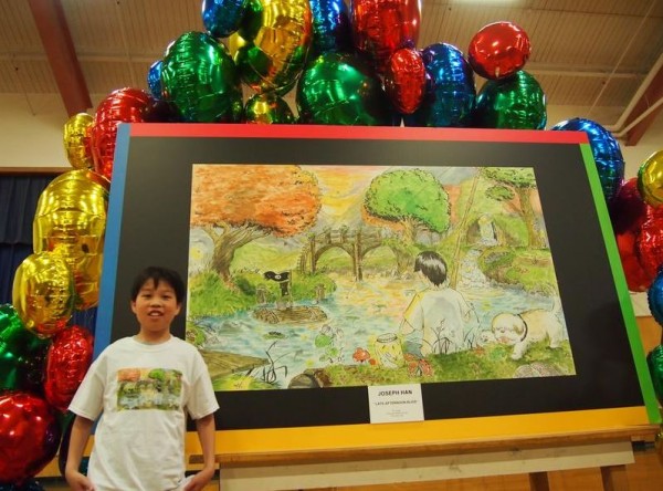 Joseph Han, an eighth-grader at Falmouth Middle School, on Wednesday morning with his artwork that was selected by Google for its Doodle 4 Google contest. Joseph Han, an eighth-grader at Falmouth Middle School, on Wednesday morning with his artwork that was selected by Google for its Doodle 4 Google contest.