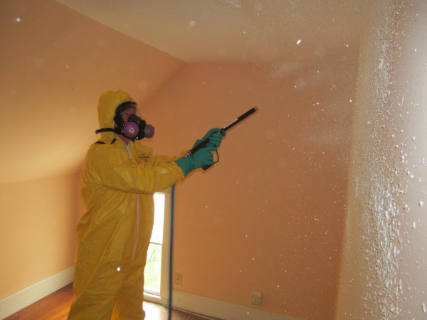 Rob Hunt of Gorham-based BioSpecialists LLC applies a neutralization agent to the walls of a vacant Standish home Sunday as part of a meth lab remediation training. Rob Hunt of Gorham-based BioSpecialists LLC applies a neutralization agent to the walls of a vacant Standish home Sunday as part of a meth lab remediation training.
