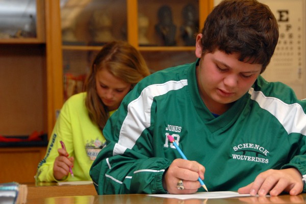 Schenck High School senior Allen Jones of Medway completes a classroom exercise on Monday, May 20, 2013. Schenck High School senior Allen Jones of Medway completes a classroom exercise on Monday, May 20, 2013.